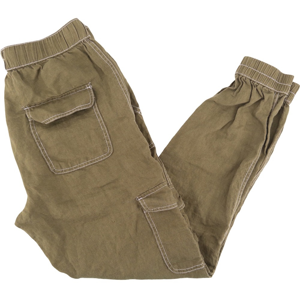 Nicole Miller Womens S Linen Cargo Jogger Pants Olive Green Contrast Stitching
